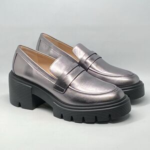 Stuart Weitzman Metallic Leather Lug-Sole Loafers size 8.5